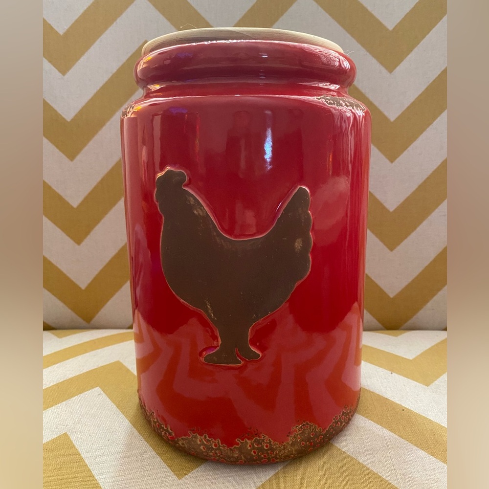 Red ceramic rooster canister cookie jar utensil holder (#28)